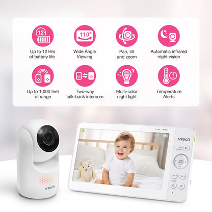 VTech [2025 Upgrade] Baby Monitor with 7" IPS Screen, Pan Tilt Zoom Camera, No WiFi Video Baby Monitor with Camera and Audio, Multi-Color Night Light, 2-Way Talk, Lullabies, Advanced HQ Max