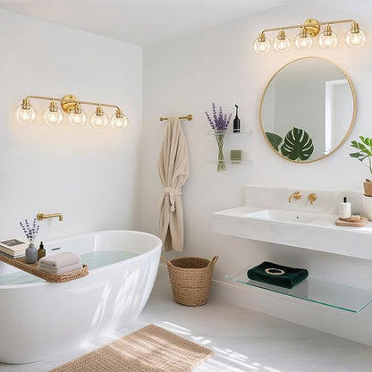 Bathroom Light Fixtures Gold Vanity Light 5 Light Wall Sconces Lighting Brushed Brass Lights with Clear Globe Glass Shades Bath Wall Lamp for Mirror Kitchen Living Room Bedroom Hallway