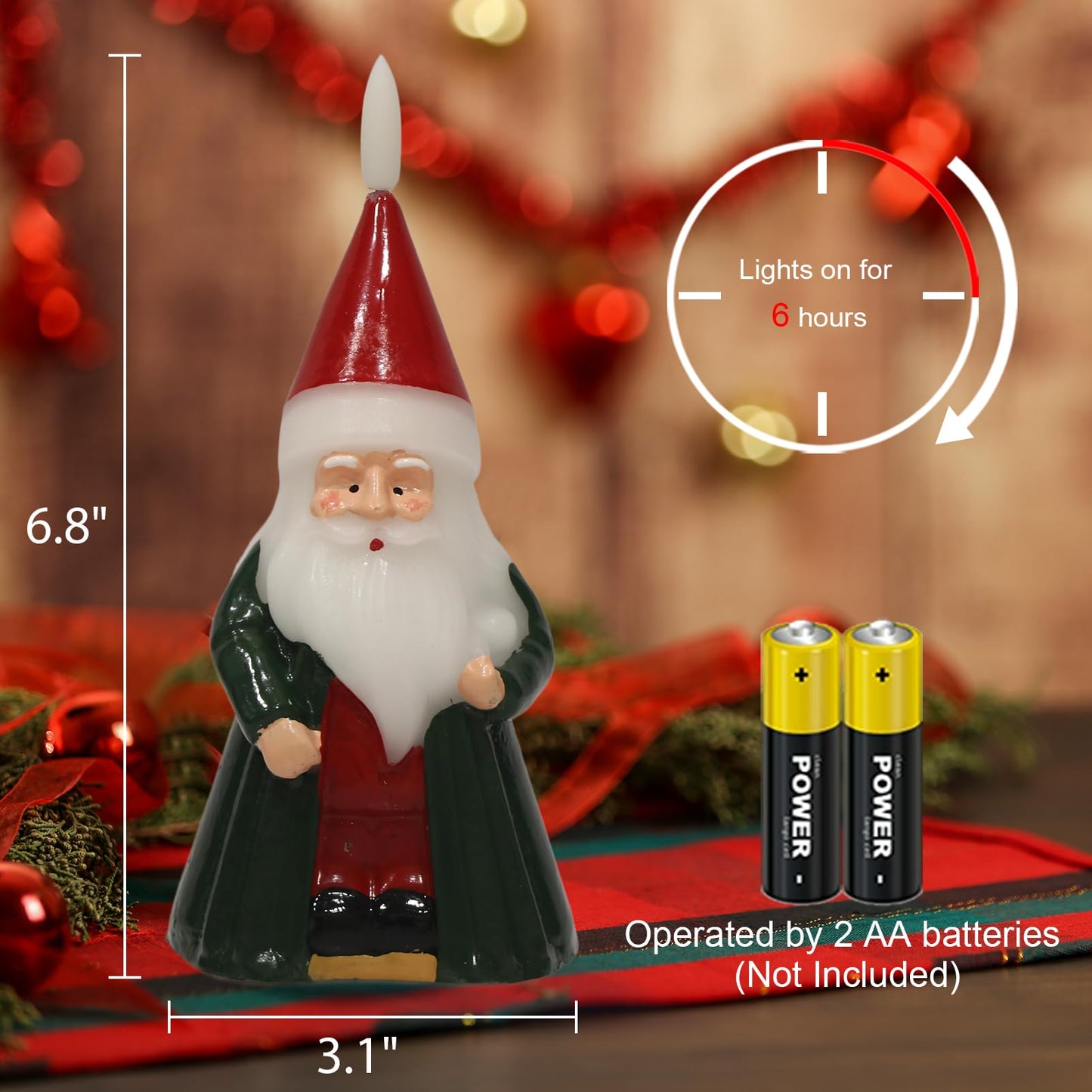 DRomance Santa Flameless Flickering Candle Battery Operated with 6 Hour Timer Real Wax Hand-Painted LED Pillar Candle 3D Wick Indoor Christmas Holiday Decor(Green, 3.1" D x 6.8" H)