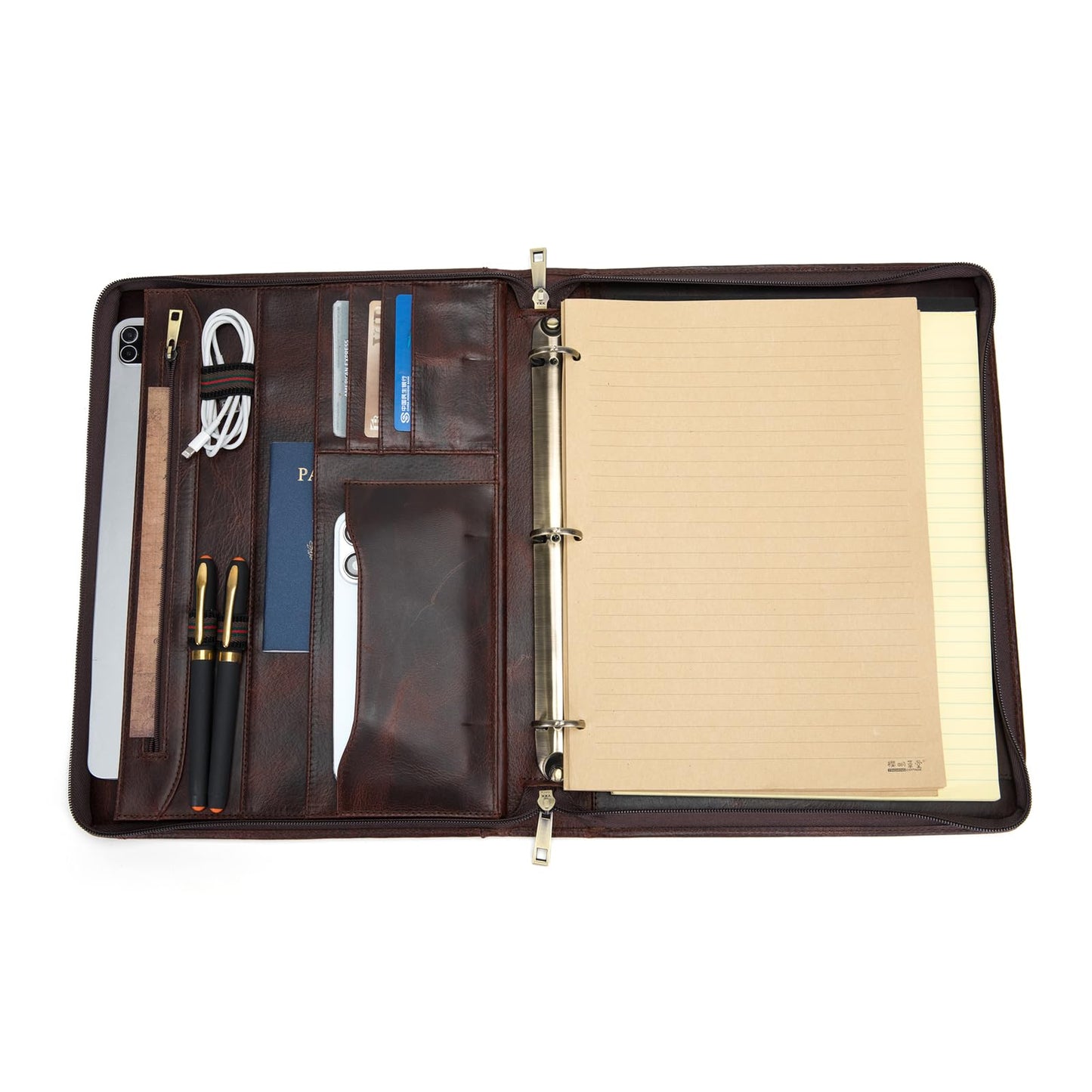 Geslun 3 Ring Binder Genuine Leather Portfolio, Front Pocket, 8.5 x 11 Legal Pad Padfolio for Men and Women, Zippered Notepad Laptop Organizer, Business Executive Work Folio, Dark Brown, Oil Tanned