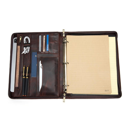 Geslun 3 Ring Binder Genuine Leather Portfolio, Front Pocket, 8.5 x 11 Legal Pad Padfolio for Men and Women, Zippered Notepad Laptop Organizer, Business Executive Work Folio, Dark Brown, Oil Tanned
