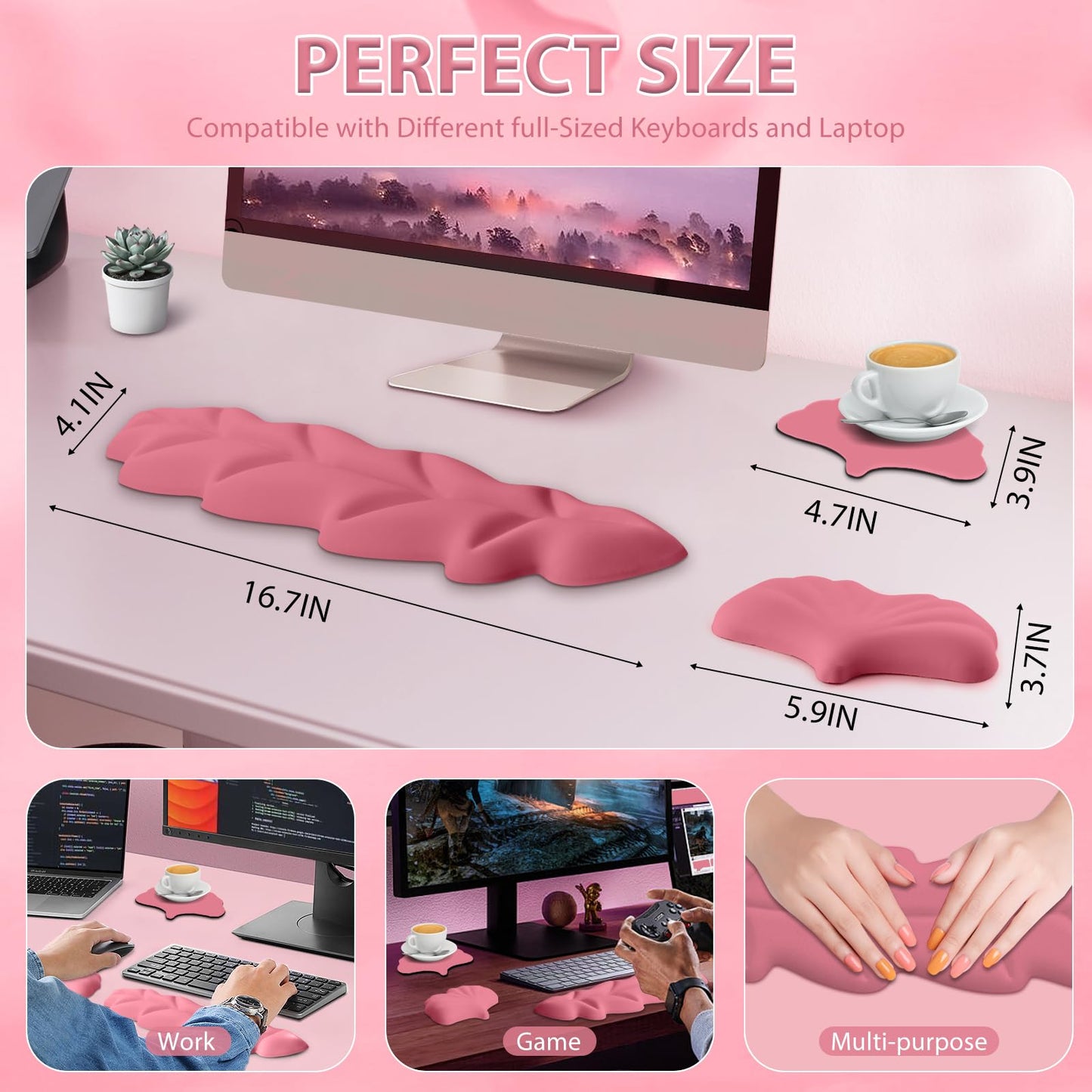 Leather Keyboard Wrist Rest Set, Wrist Rest for Keyboard and Mouse,Wrist Rest with Non-Slip PU Base, Comfortable Memory Foam Ergonomic Wrist Support Pad Arm Cushion for Computer Laptop Mac, Hot Pink