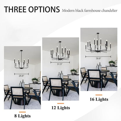 Qamra Modern Farmhouse Black Chandelier for Dining Room, 12-Light Candle Chandelier Light Fixture, Rustic Industrial Hanging Chandeliers Lighting for Living Room, Kitchen, Staircase, Entryway, Foyer
