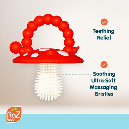RaZbaby Chompy Teether – Soft Silicone Teething Toy for Infants & Babies 3M+, Massaging Bristles for Teething Relief, Hands-Free & Easy to Hold, Sensory Development, BPA-Free - Great Gift - Red/Green