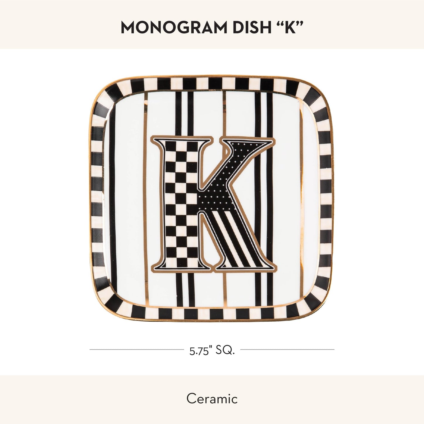 MACKENZIE-CHILDS Ceramic Monogram Dish, Decorative Letter Plate, 5.75 Inches, K