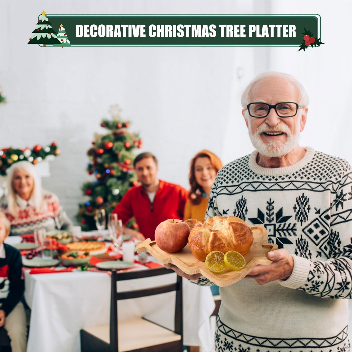 AWIZOM Christmas Tree Wooden Serving Tray Bamboo Platter Wooden Snack Cheese Charcuterie Board for Xmas Holiday Housewarming Present, 14.96x11.14x0.59