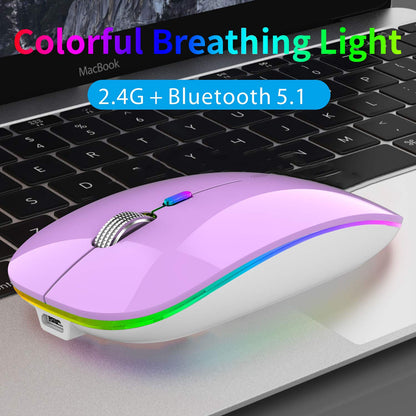 TENMOS Wireless Bluetooth Mouse, LED Slim (Bluetooth 5.1/5.0 + USB) 2.4GHz Rechargeable Silent Bluetooth Wireless Mouse with Type C Adapter for Laptop/MacBook/iPad OS 13 and Above (Matte Black)