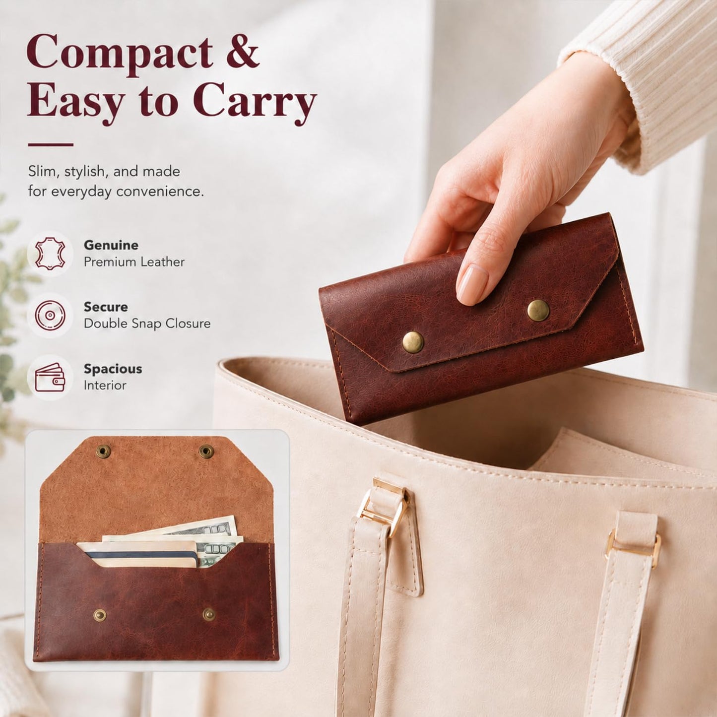 ZEMARS Genuine Leather Cash Envelope Wallet, Two Snap Money Pouch for Men and Women, Reusable Budget Envelope Wallet, Slim Organizer for Cash, Cards, Receipts, Checks and Keys (Cognac)
