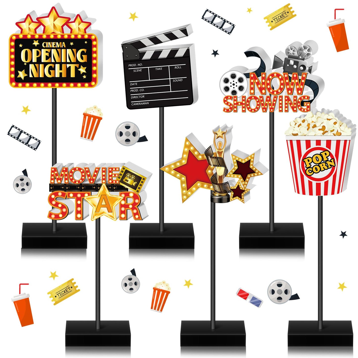 Briwooody 6 Pcs Movie Night Wooden Sign Set Movie Party Decorations Star Video Props Table Centerpiece Tall Standing Sign Popcorn Tabletop Decor for Birthday Night Party Supplies Home Decorations