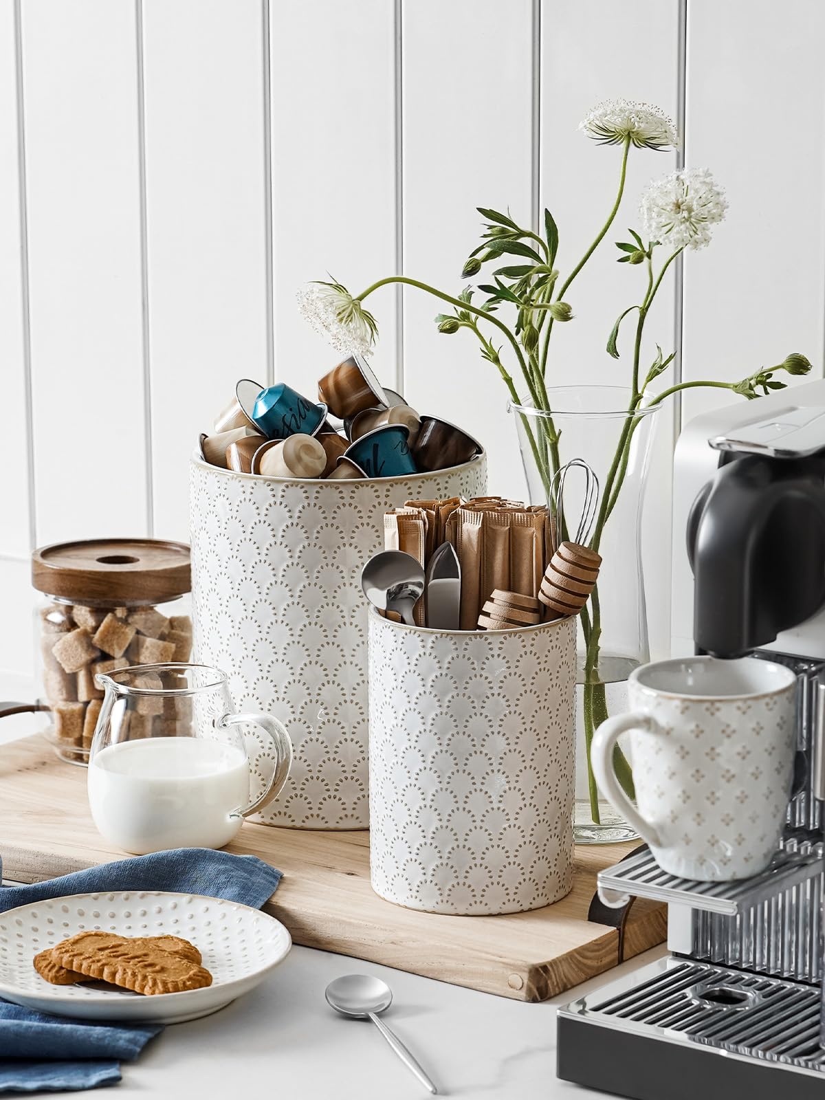 LE TAUCI Kitchen Utensil Holder for Countertop - 7.1"+5.4" Ceramic Utensil Crock Set of 2, Large Cooking Utensil Organizer for Spatula, Spoon, Whisk - Farmhouse Storage, Embossed, Fireworks