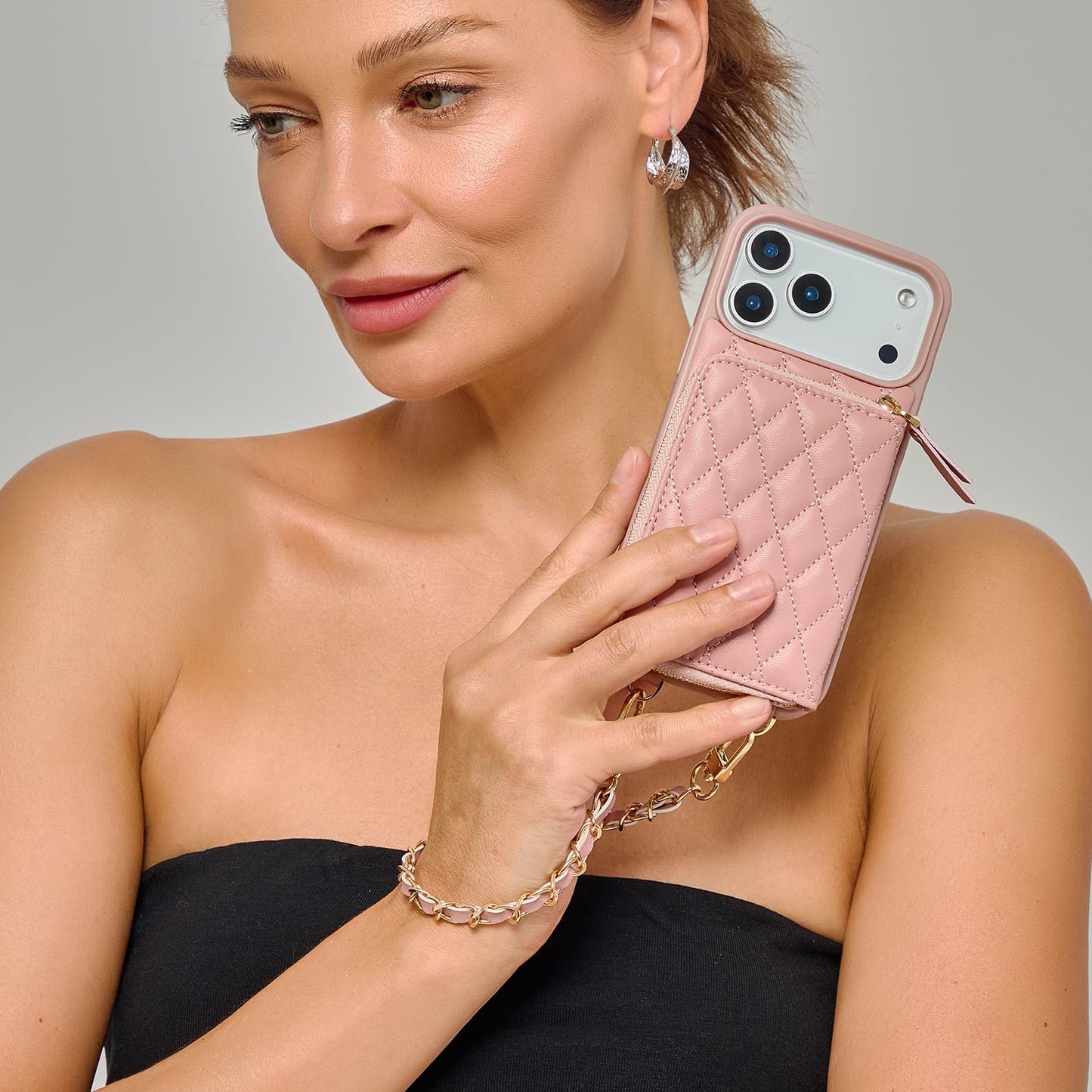 LAMEEKU for iPhone 17 Pro Max Crossbody Case Wallet, Leather Zipper Cover with Card Holder Wrist Strap for Women 6.9'' Pink