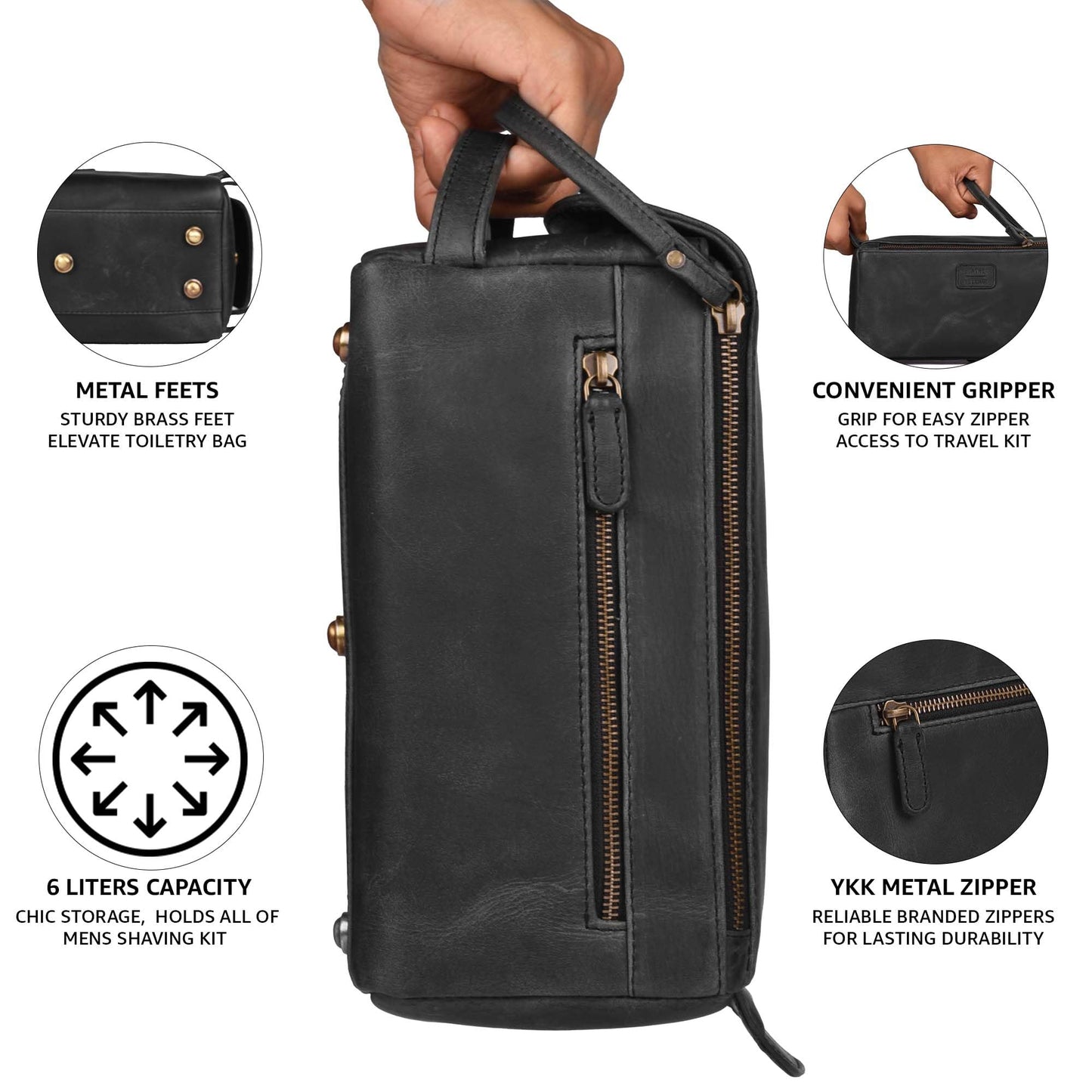 LEATHER VILLAGE Genuine Leather Travel Toiletry Bag - Water-Resistant Dopp Kit for Toiletries, Large Shaving Bag & Bathroom Organizer - Gift for Men & Women - Distressed Black