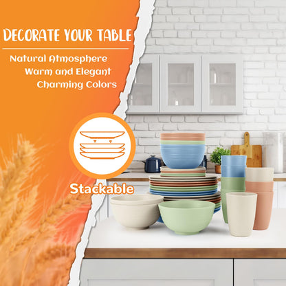 Wheat Straw Dinnerware Set 40-Piece Service for 8 Unbreakable Dishes Set Plates and Bowls Sets Drinking Glasses Microwave Safe Dish Set Lightweight Dinnerware Set for Home & Kitchen - Yellow