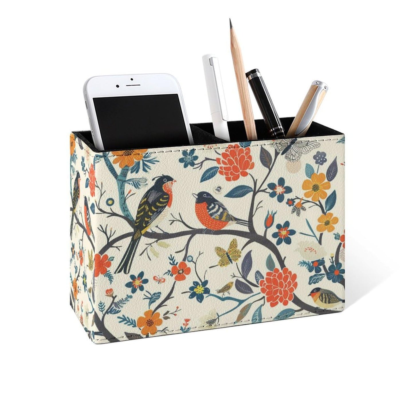 Famame Birds And Butterfly Tree Pencil Holder for Desk, Leather Desktop Container Pen Cup Storage Study Table Pen Organizer Makeup Brush Holder for Classroom Office Home