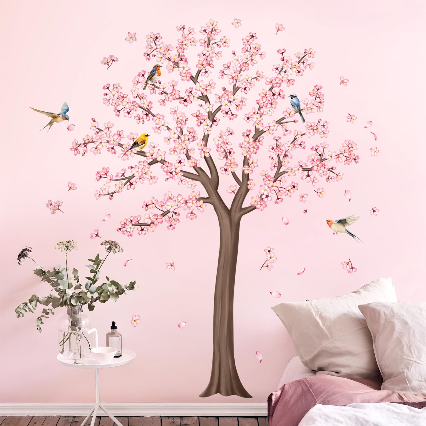 Large Cherry Tree Wall Decals, Pink Flower Blossom Tree Wall Stickers Vinyl Peel and Stick Wall Decal Self Adhesive Wall Art Sticker for Home Aisle Bedroom Office Sofa Backdrop Wall Decor (H 62.6in)
