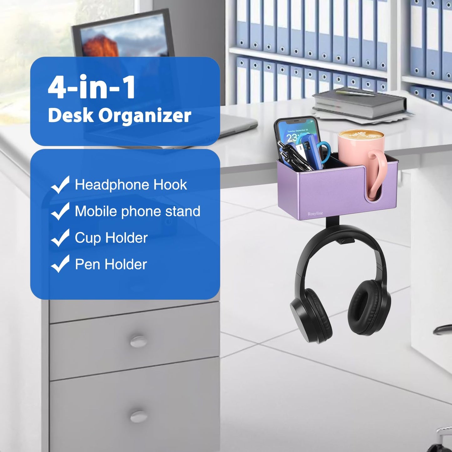 Rosyline 3-in-1 Desk Cup Holder & Clip-on Cup Holder, Clip on Desk Organizer – with Anti-Spill Function, Keeps Your Coffee, Headset, Phone & Pens Within Easy Reach, for Office Desk (Purple)