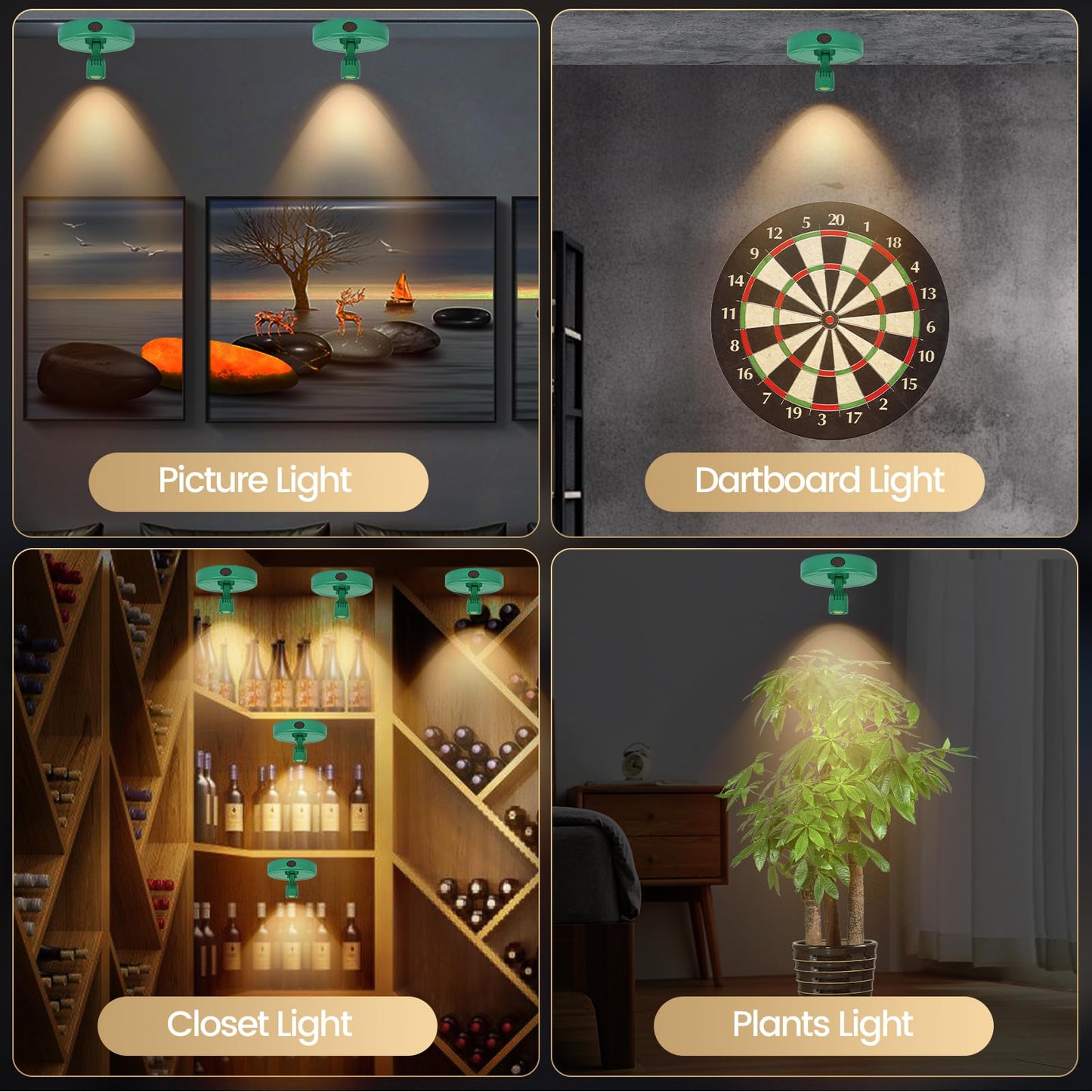 HAMVIDNE LED Spotlight, Rechargeable Battery Picture Lights, Uplighting Indoor, Spot Light with Remote, Plant Tree & Wall Art Display Dartboard Closet Spotlight-Green