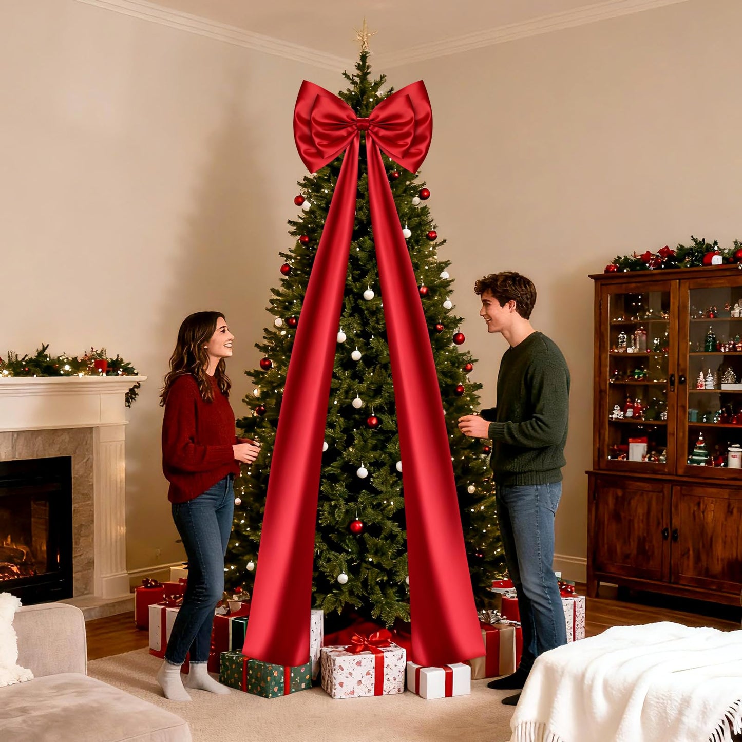 Christmas Tree Topper Bow, Double-Layer Giant Bows Christmas Decorations, Christmas Wreath Bows for Home Wreath Wall Backdrop Birthday Wedding Party Decor (Red Bow, 87 INCH)
