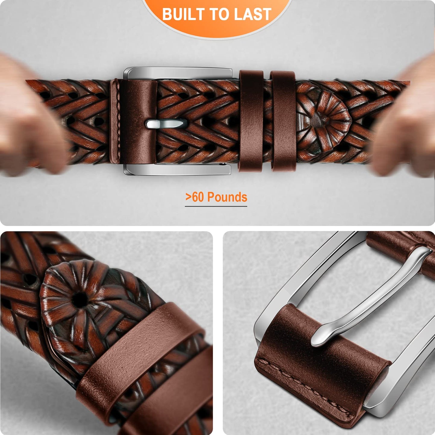 BULLIANT Mens Belts,Leather Woven Braided Belts for Gift Men Casual Jeans Golf(Light Brown,32"-36" Waist Adjustable)
