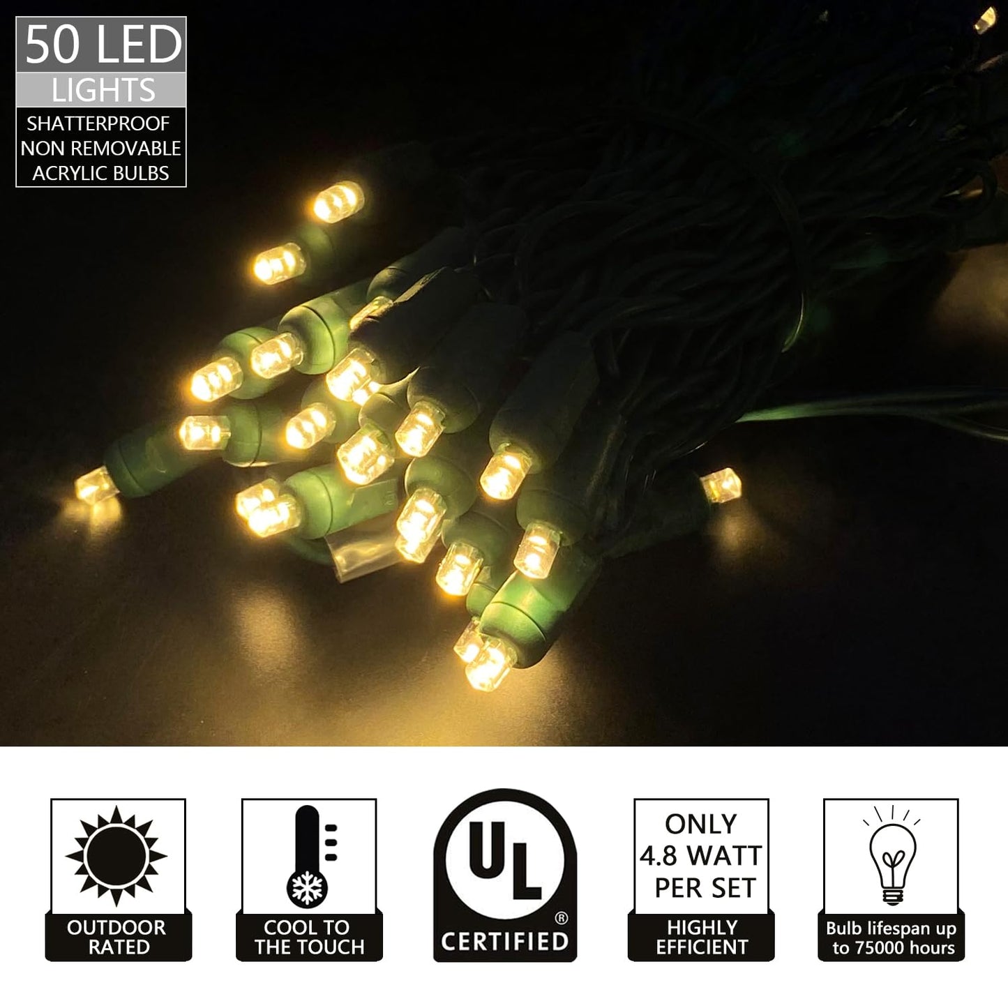50 Count 5MM Wide Angle Led Christmas Lights Set,Outdoor Led String Lights for Garden Patio Christmas Trees Decoration,17 Feet Green Wire,Warm White
