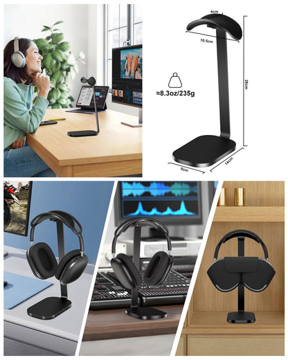 VICHYIE Headphone Stand for AirPods Max, Headset Holder with Aluminum Supporting Rod, Heavy Base Desk Stand Headphones Support Accessory for All Headphones - Black