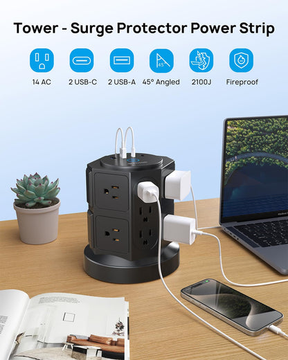TROND Tower Surge Protector Power Strip with 14 Widely Spaced Outlets, 4 USB Ports(2 USB C), 2100J Surge Protection, 6 Feet Extension Cord with Multiple Outlets, Office Desk Supplies, Dorm Essentials