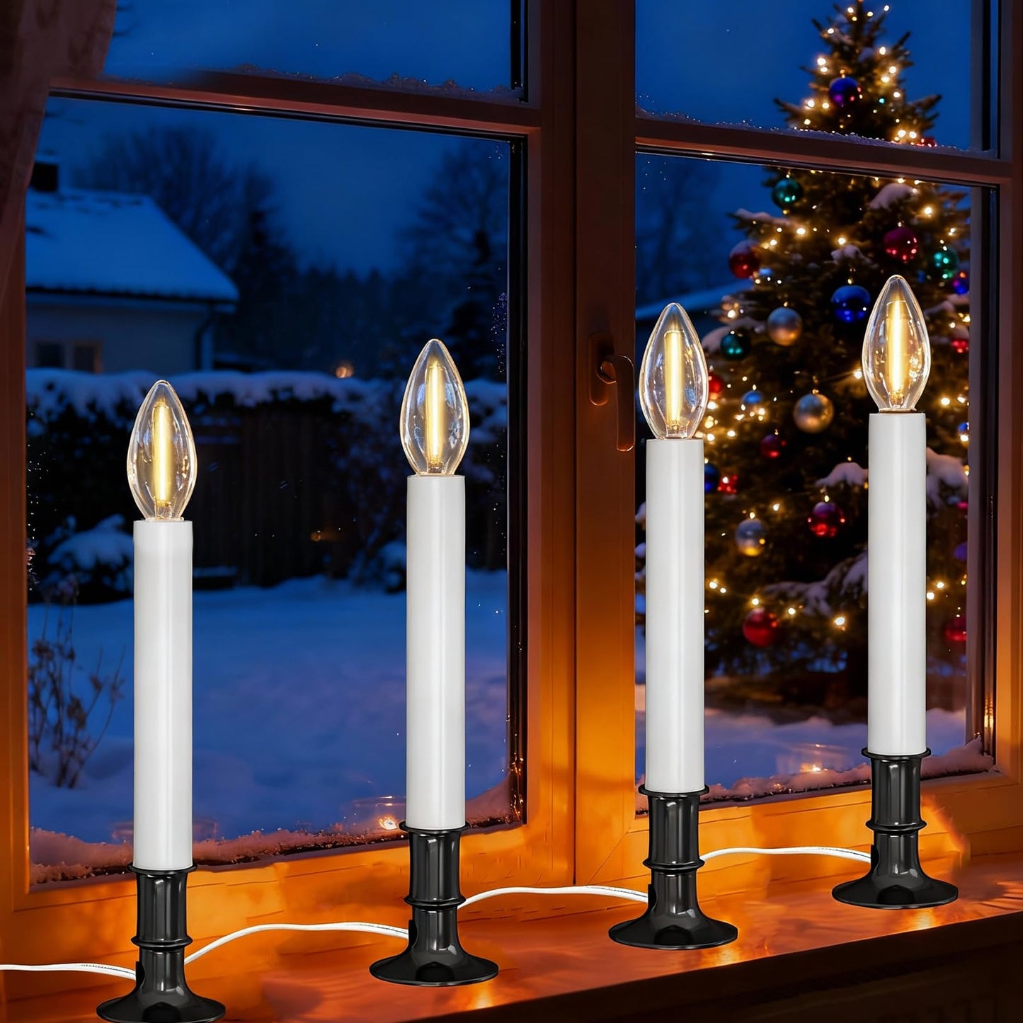 Romasaty 4 Pack Electric Window Candles with Sensor Dusk to Dawn, Christmas Window Candles Bronze Plated Base, 9 Inch Candle Lights with 0.6W LED E12 Bulbs for Indoor Christmas Table Decor