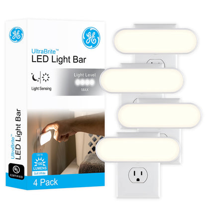 GE Ultrabrite LED Light Bar Night Lights Plug Into Wall Room Decor Ambient Lighting Dusk to Dawn Sensor Bright Nightlight, White, 100 Lumens, 2 Pack