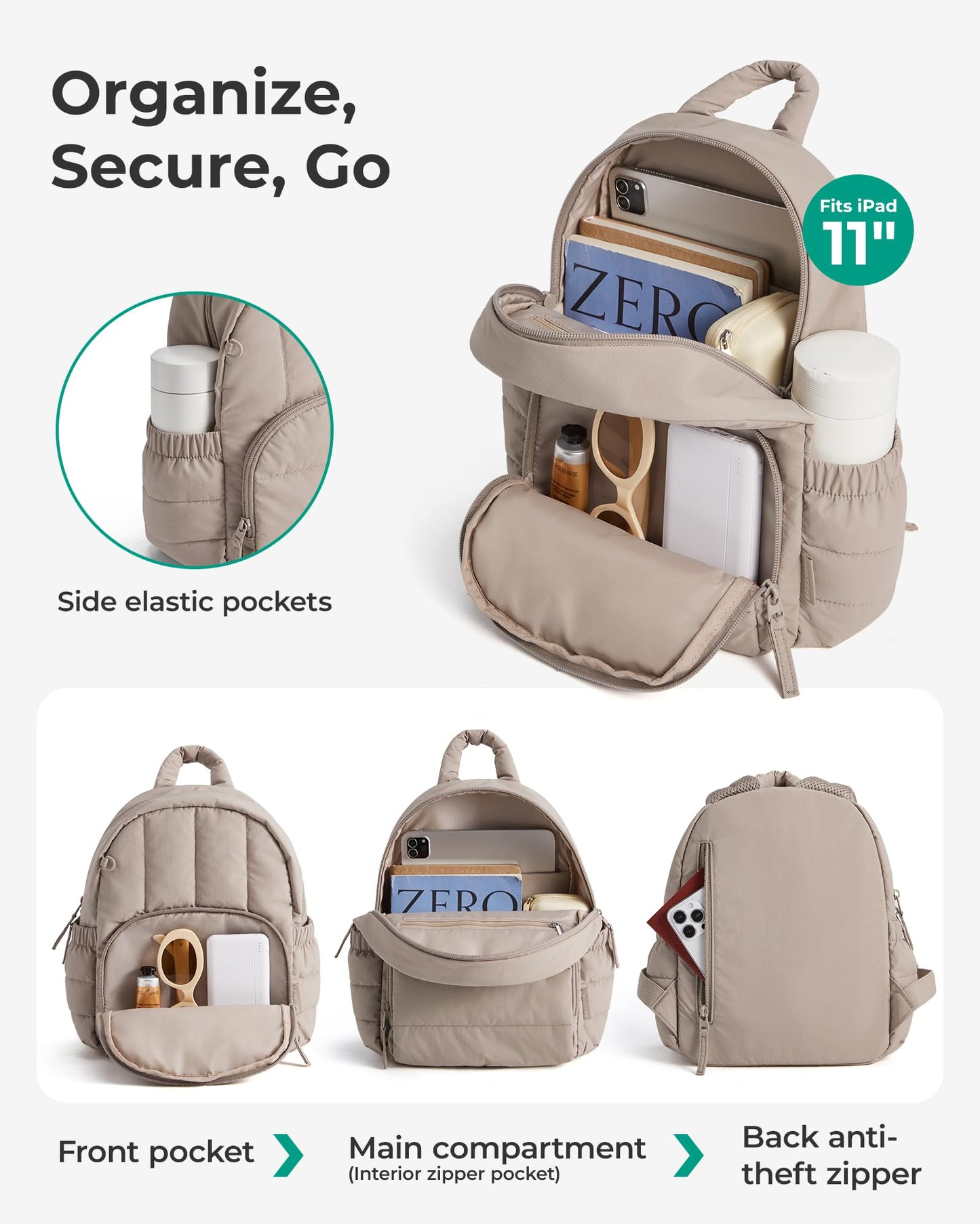 BAGSMART Mini Backpack for Women, Lightweight Puffer Small Backpack Purse, Quilted Casual Travel Daypack, Cute Water-Resistant Bookbag for Daily, Brown Checkered