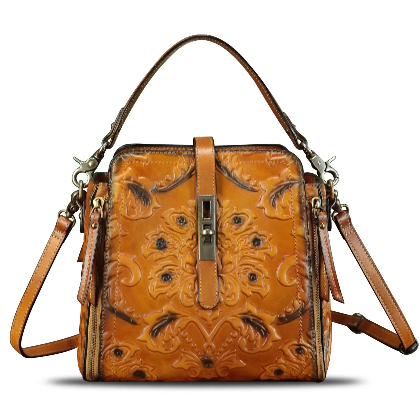 Genuine Leather Purses and Handbags for Women Retro Embossed Crossbody Shoulder Bag Satchel Pouches (Brown)