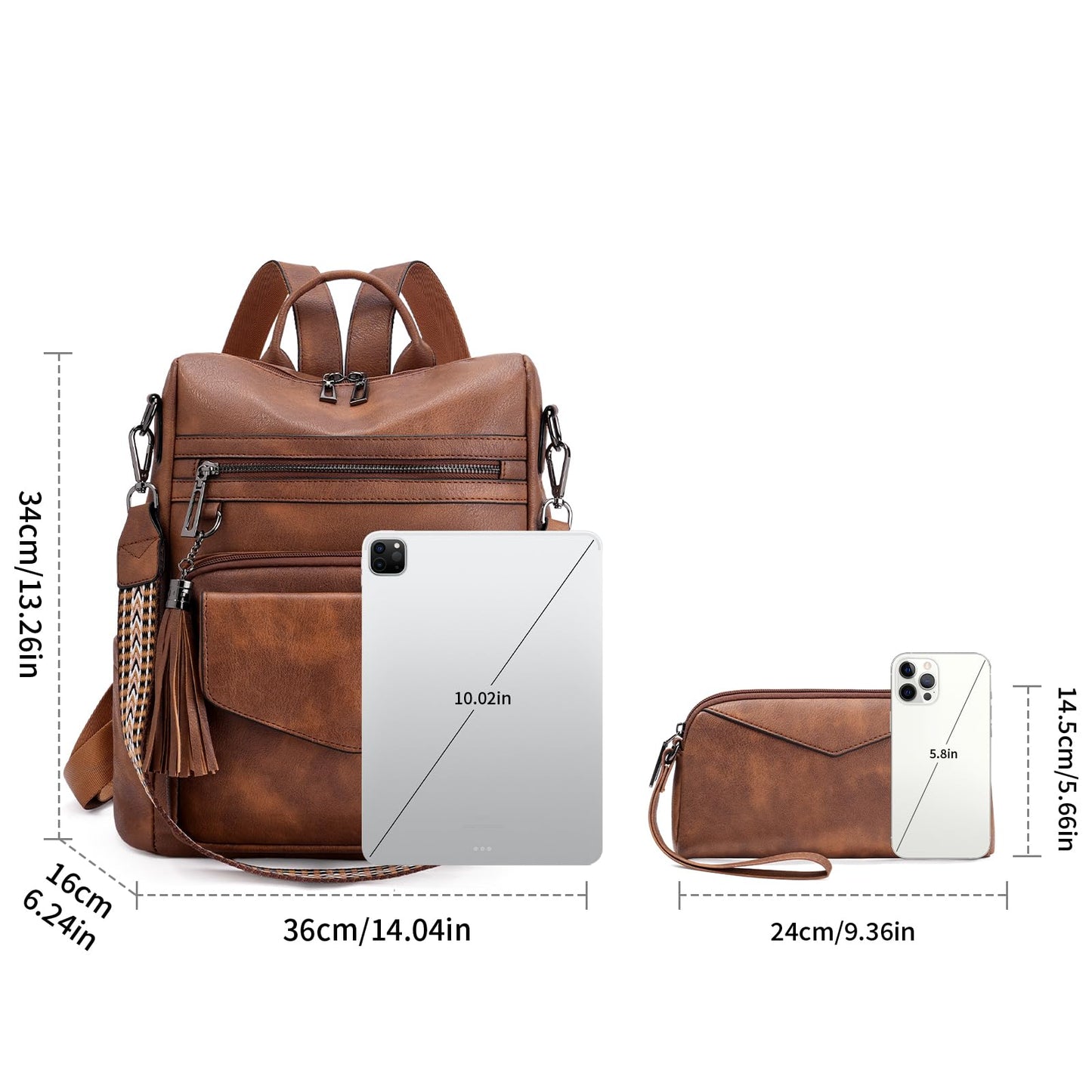 GAEKEAO Backpack Purse for Women Fashion Leather Designer Travel Backpack Purses Convertible Shoulder Bag with Wristlet（Shiny Brown）