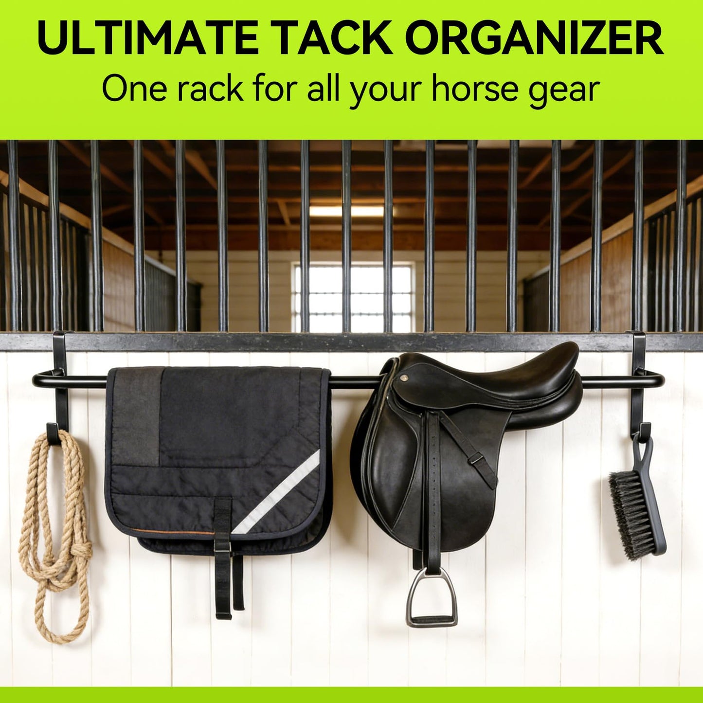 Zwinz 4Pcs Heavy Duty Horse Blanket Rack with Bridle Hooks, No-Drill Wall Mounted Assembled Blanket Bar, Saddle Pad Rack for Horse Tack Storage, Black