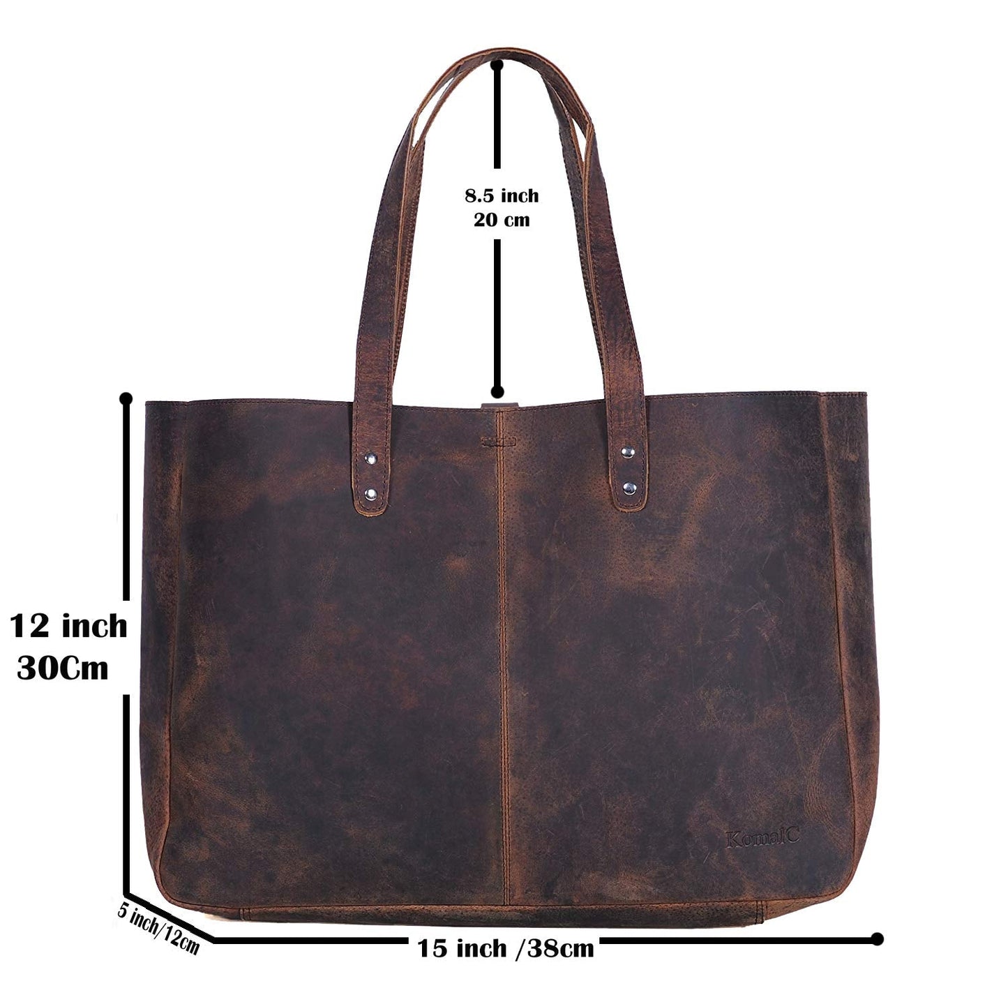 KomalC Leather Tote Bag for Women Purse Satchel Travel Bag shopping Carry Messenger Multipurpose Handbag (15 INCH, Buffalo Distressed Tan)