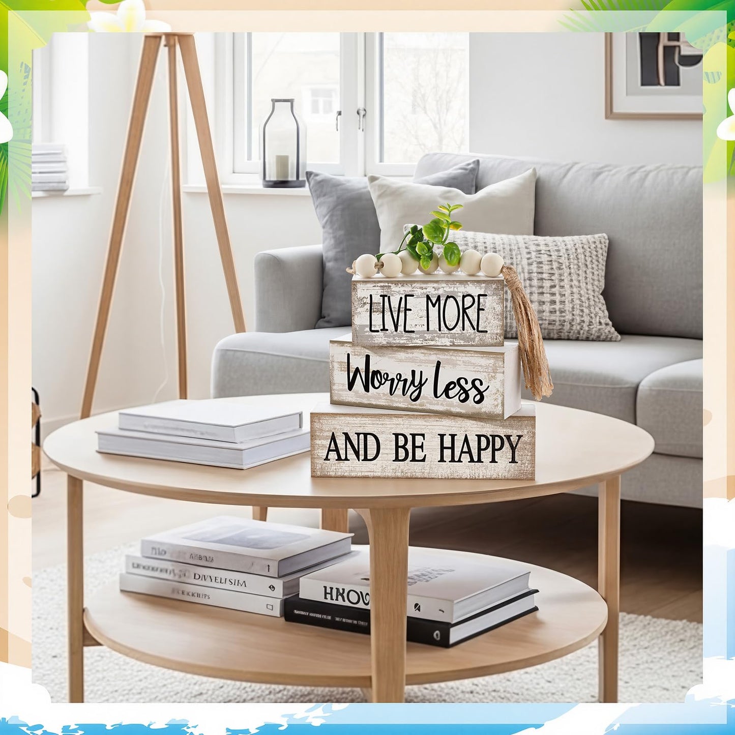 Moucuny 4 Pcs Inspirational Farmhouse Table Decor Rustic Stacked Wooden Block Sign - Live More Worry Less Be Happy Centerpieces Set with Beaded Tassel and Artificial Plant for Home, Office, Shelf Gift