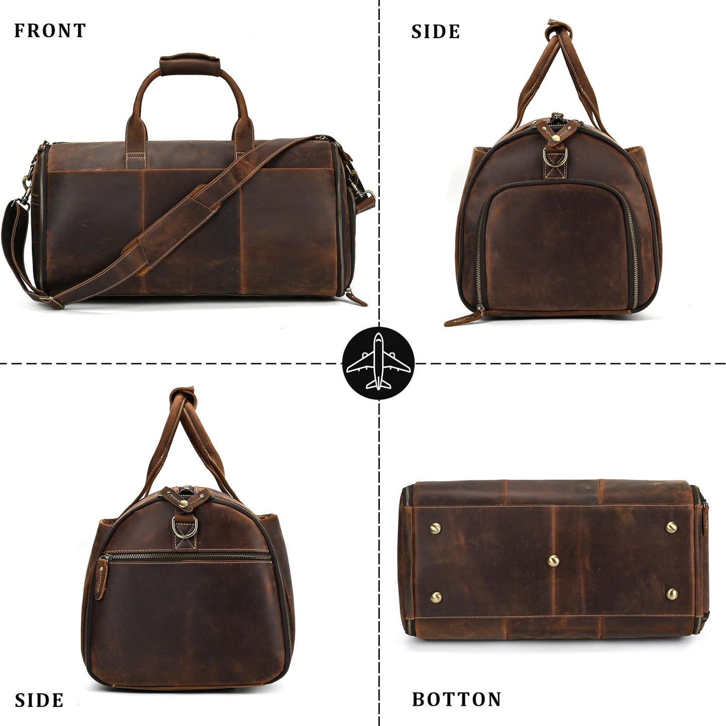 Men's Carry On Garment Bag, Convertible Garment Bag Full Grain Leather Duffle Bags with Shoe Pouch, 2 in 1 Hanging Suitcase Suit Travel Bags