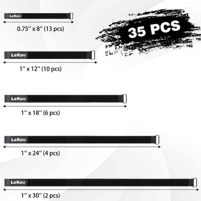 Lekou 35 Pack Cable Straps,8"-12"-18"-24"-30" Reusable Cable Ties, Hook and Loop with Metal Buckle, Fastening Securing for Cord Organizer Wire Management