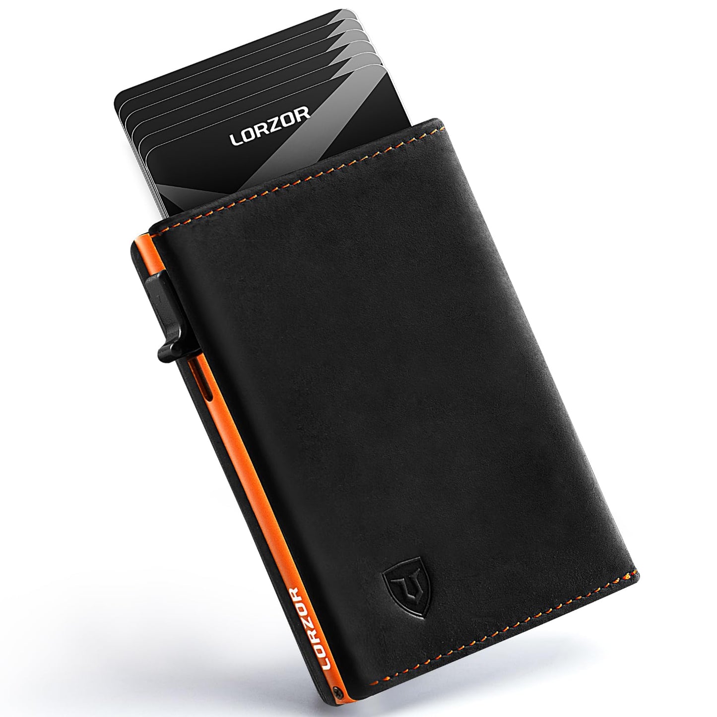 LORZOR Wallet for Men with Metal Card Holder, Pop Up Wallet, Finest Full Grain Leather Trifold Wallet, Smart, Minimalist, RFID Blocking, Front Pocket, ID Window, Black/Orange