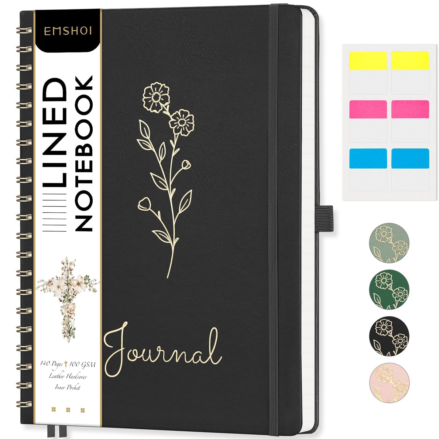 EMSHOI A4 College Ruled Spiral Notebook, Large 8.27"x11.2", 110 Numbered Pages, 100GSM Ink-Proof Faux Leather Hardcover Lay-Flat Lined Journal for Work Office School Writing, Black
