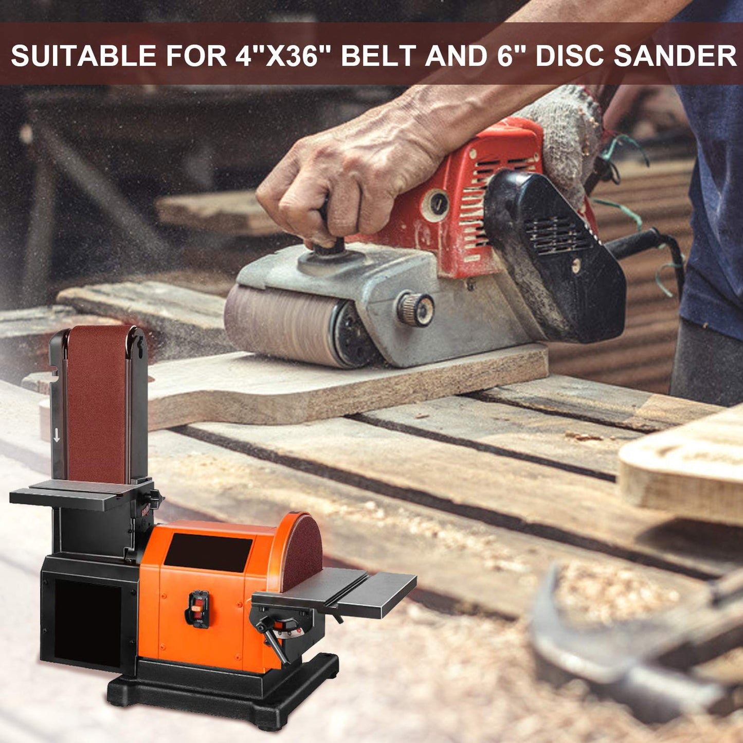 Sanding Belts and Sanding Discs Set for Power Combination Disc & Belt Sander 10 PCS 4 x 36” Aluminum Oxide Sanding Belts and 12 PCS 6” PSA Self Adhesive No-hole Sticky Back Sanding Discs(80-400 Grit)