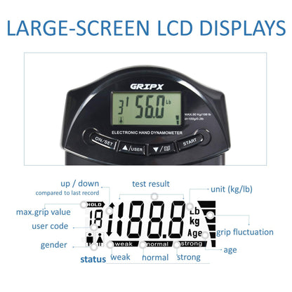 GRIPX Digital Hand Dynamometer Grip Strength Measurement Meter Auto Capturing Electronic Hand Grip Power 198Lbs / 90Kgs, Black