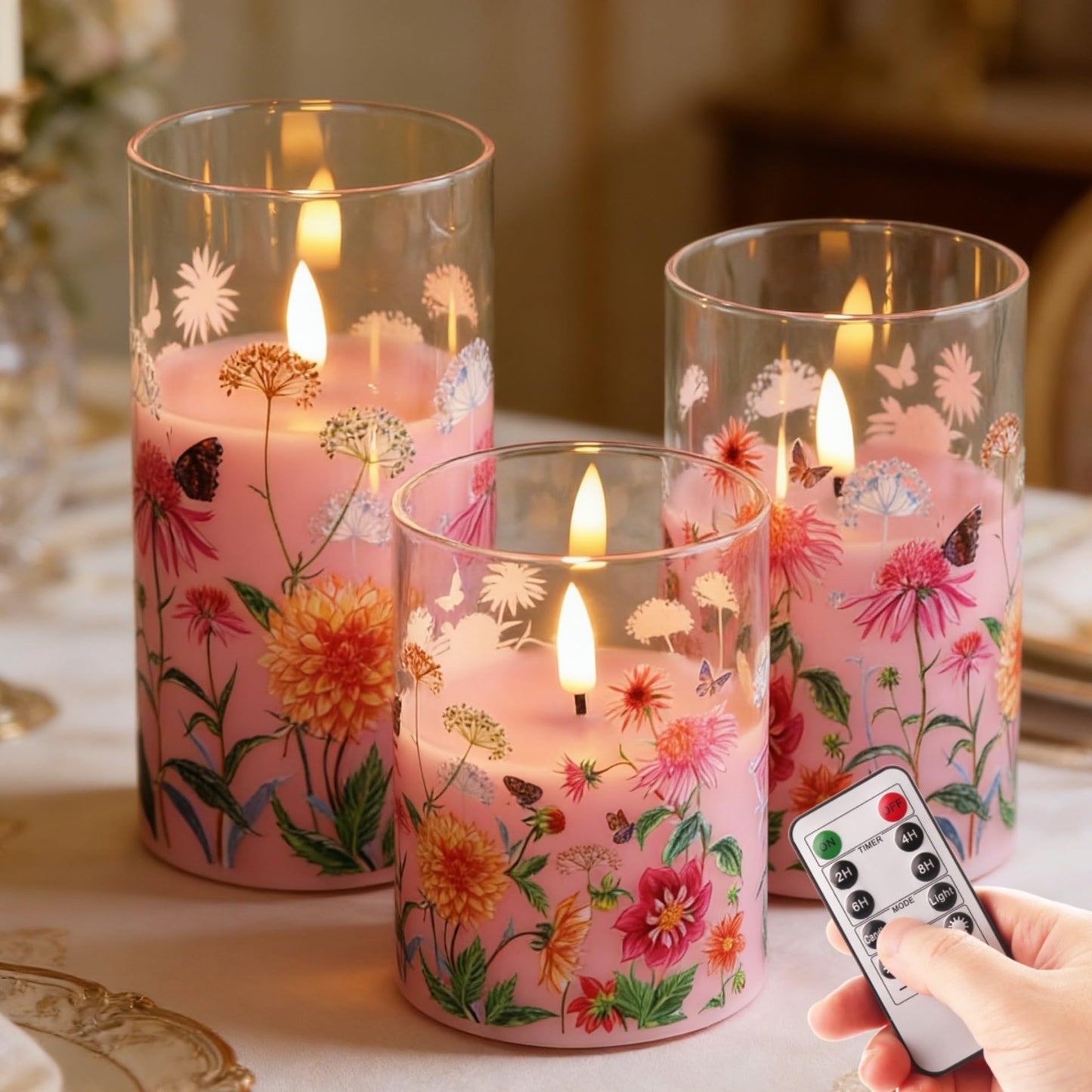 Girimax Pink Floral Glass Flameless Pillar Candles with Remote, Flickering Spring LED Battery Candles Home Decor Set of 3