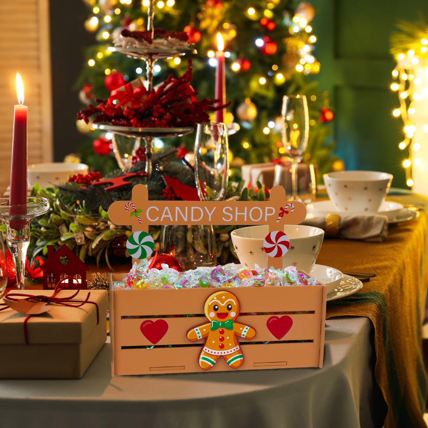 Tkifoda Christmas Candy Bowl Wooden Candy Dish Holders Gingerbread Serving Dish Holders Wood Serving Bowl Tableware for Table Desk Christmas Party House Decoration