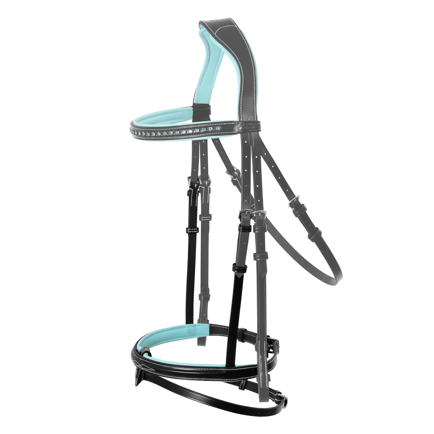 ExionPro Anatomical English Horse Bridle with Blue Crystal Bling Browband- Baby Blue Padded Jumping Bridle with Flash Noseband & Rubber Reins- Comfort Crown - Black or Havana Brown - Full