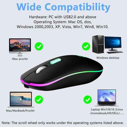 KARFUN Wireless Mouse, Backlit LED Portable Slim Computer Mouse for Laptop, PC, Computer, MacBook, iPad, Chromebook, Notebook, 2.4G Rechargeable Wireless Mouse (Black) (Black-Transparent Nose)