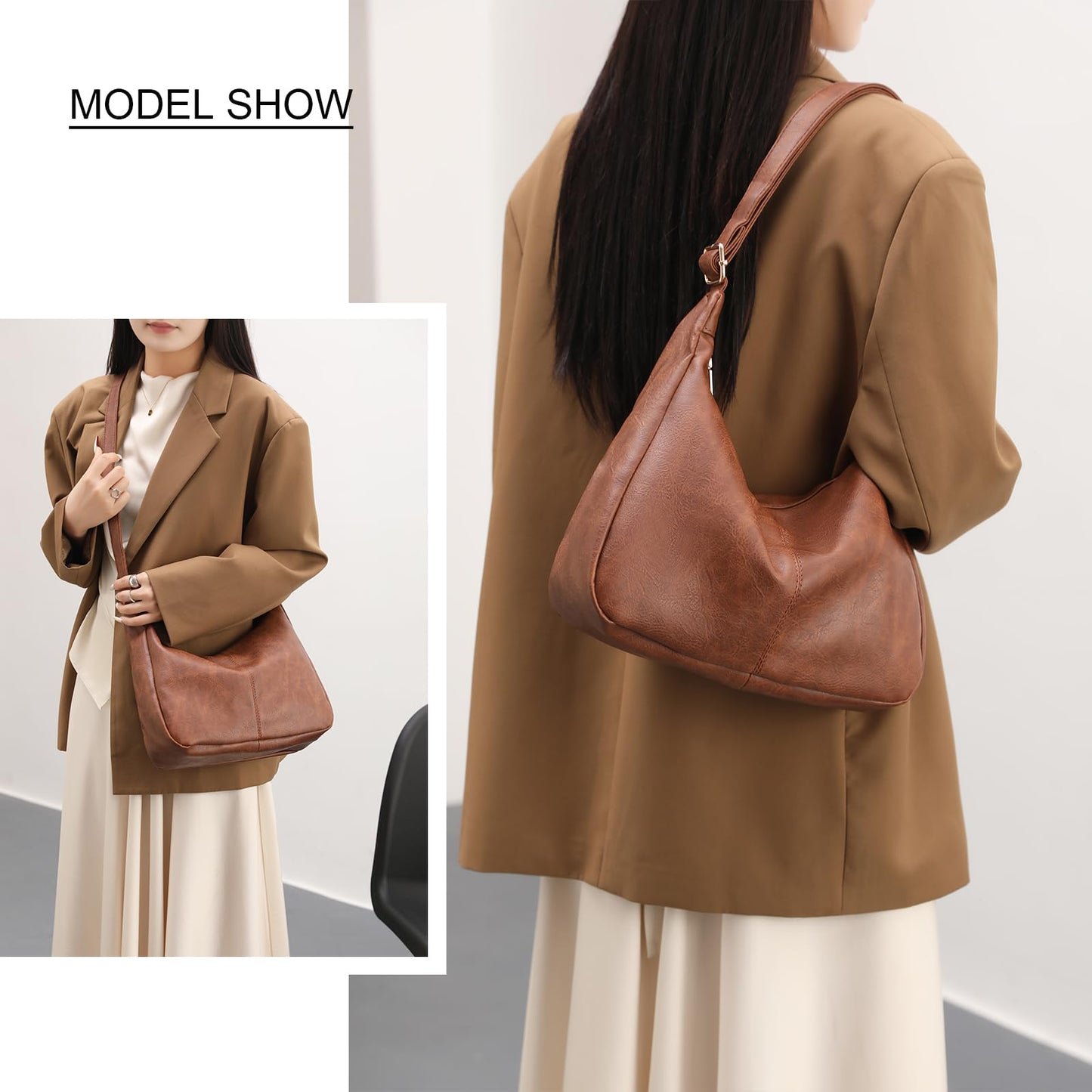 NIUEIMEE ZHOU Hobo Bags for Women Foldable Vegan Leather Shoulder Handbag Slouchy Tote Crossbody Purses