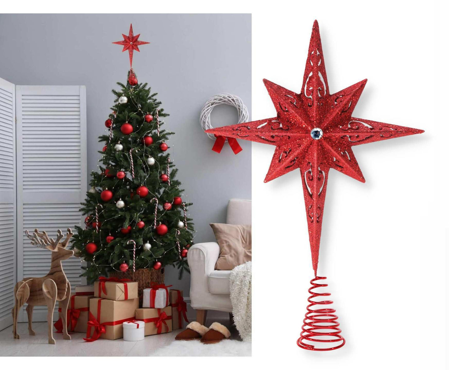 Christmas Traditions 11 inch Champagne Glittered Large Christmas Bethlehem Star Tree Topper Star for Large Tree 6 feet-8 feet Tall/Home Decor Ornaments (X'Mas Red)
