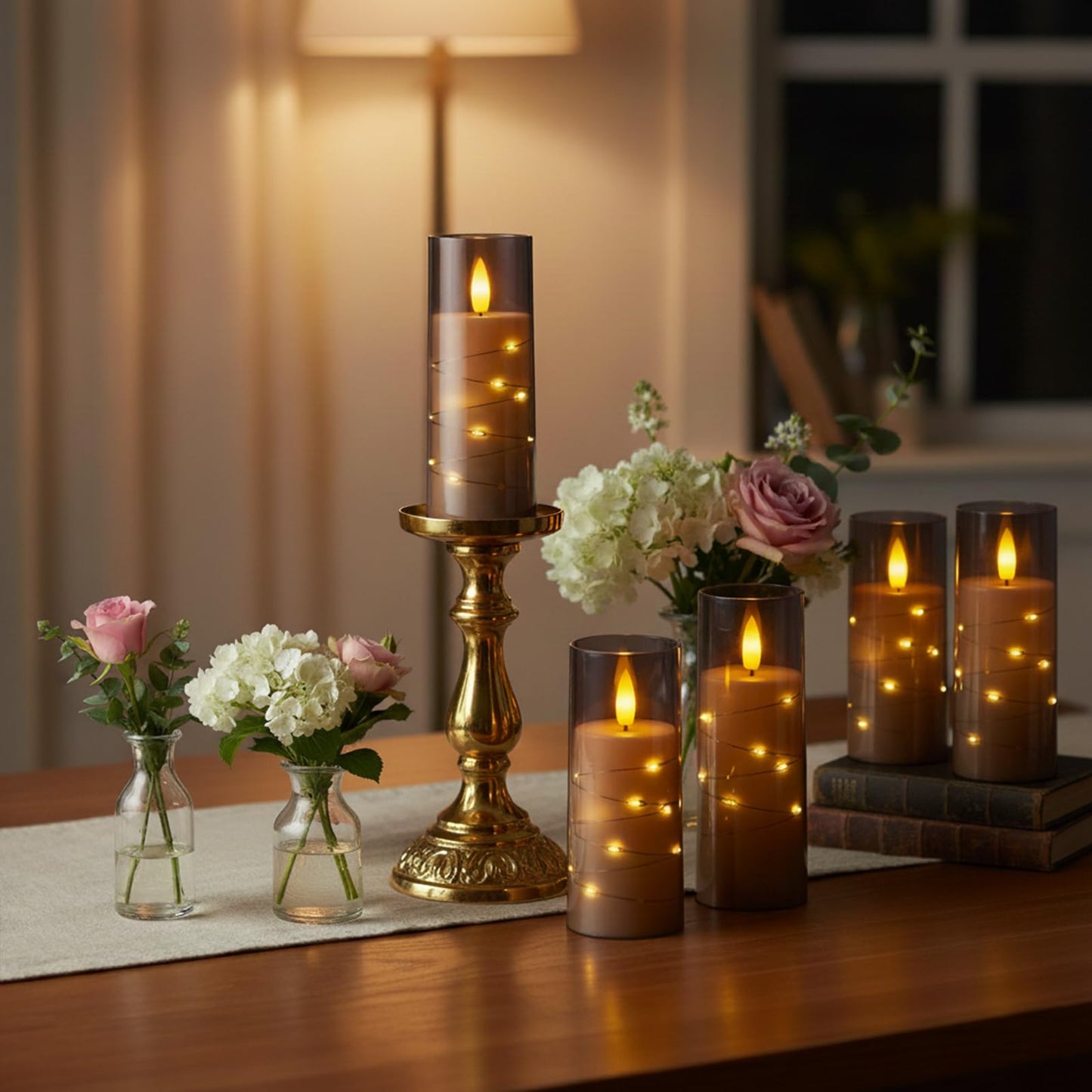 Raycare Flameless Candle with Remote Timer, 7 Flickering Acrylic Battery Operated LED Pillar Candles with Embedded Star String for Christmas, Home Decor, and as a Gift(Grey)