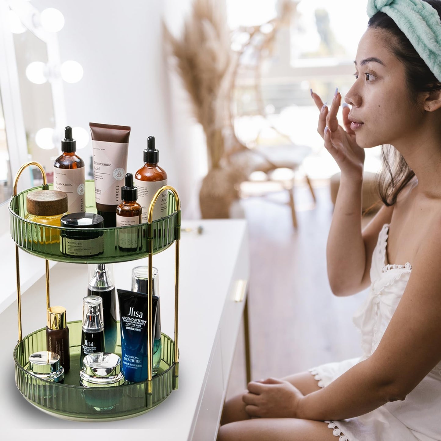 Zufudo Rotating Makeup Organizer Countertop 2 Tier Lazy Susan Trays Clear Skincare Perfume Storage for Bathroom Counter Vanity, Green Gold