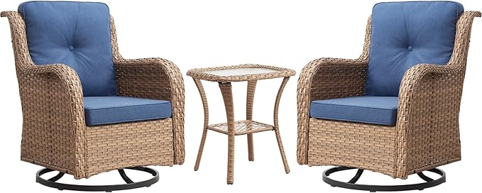 Rilyson Patio Chairs Rocking Swivel Chiar - 3 Piece Outdoor Wicker Patio Bistro Set Rattan Rocker Glider Chairs with High Back and Deep Seating for Outside Porch Deck Garden(Yellow/Blue)