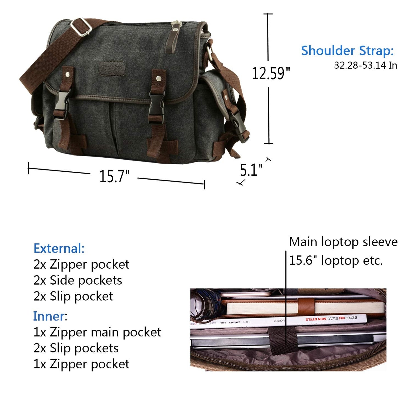 [Upgraded] Vintage Canvas Messenger Bag 13 15.6 17 inches Large Book Laptop Shoulder Bag Women Men New (Black, X-Large)